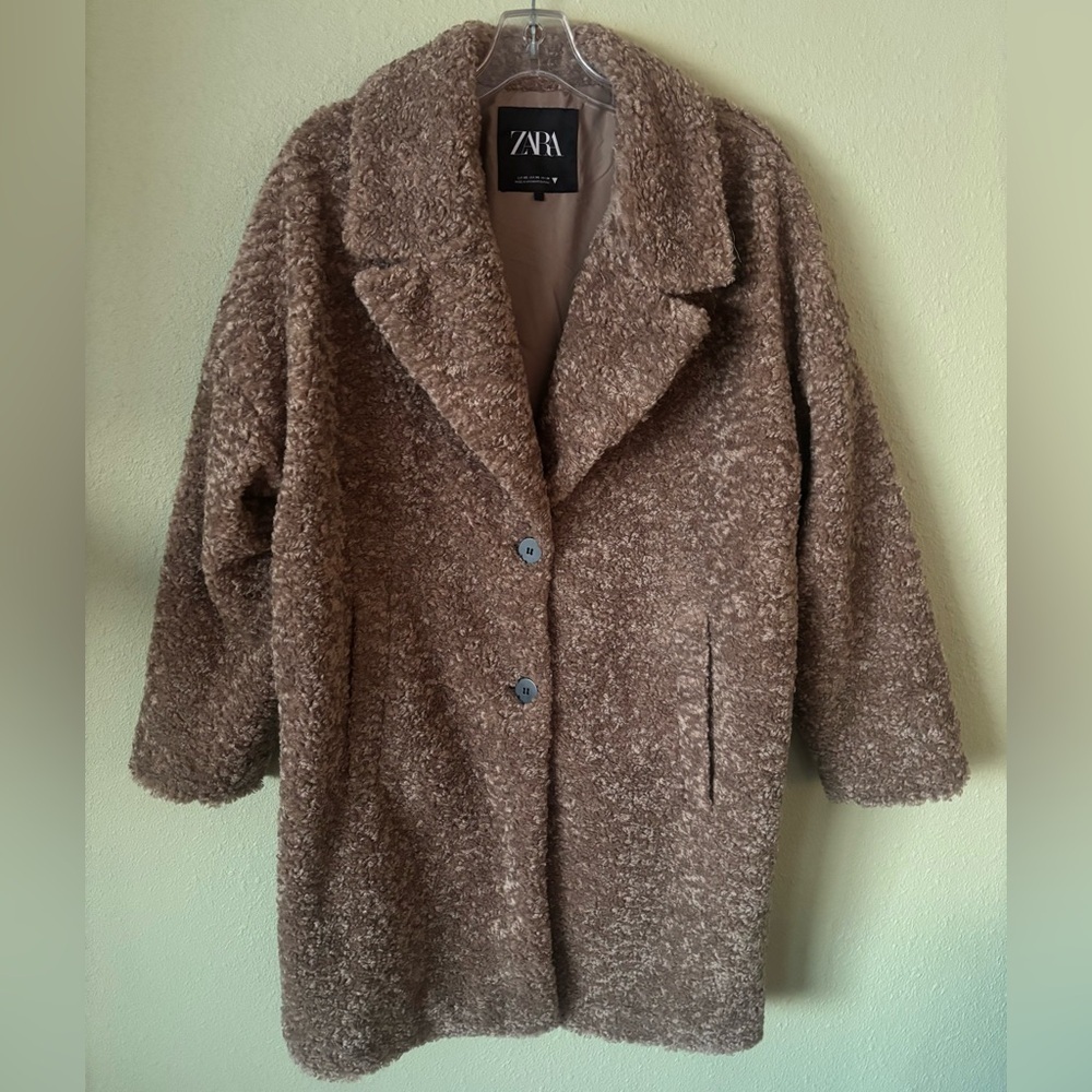 ZARA TEDDY FUZZY FURRY KNEE LENGTH COAT FAUX FUR CAMEL / TAUPE SIZE XS